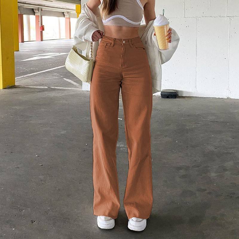 High Waist Wide Leg Denim Jeans with Slash Pockets