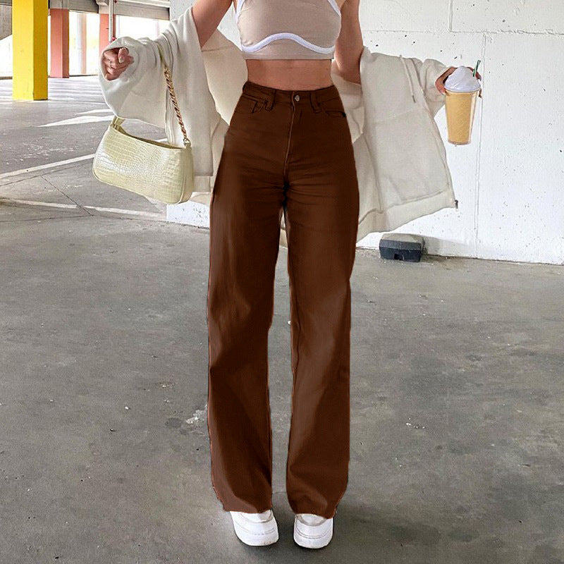 High Waist Wide Leg Denim Jeans with Slash Pockets