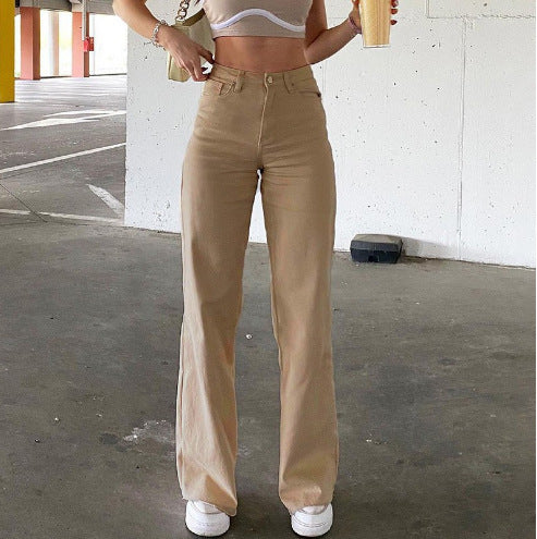 High Waist Wide Leg Denim Jeans with Slash Pockets