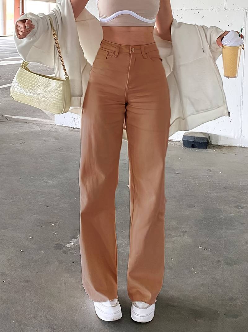 High Waist Wide Leg Denim Jeans with Slash Pockets