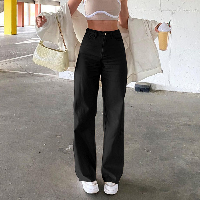 High Waist Wide Leg Denim Jeans with Slash Pockets