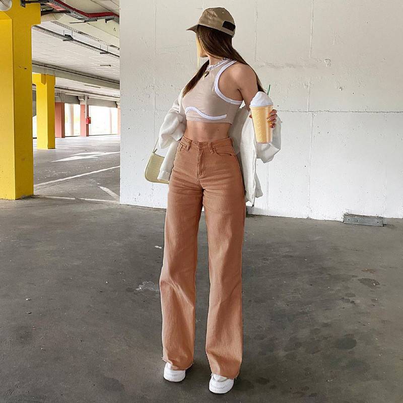 High Waist Wide Leg Denim Jeans with Slash Pockets